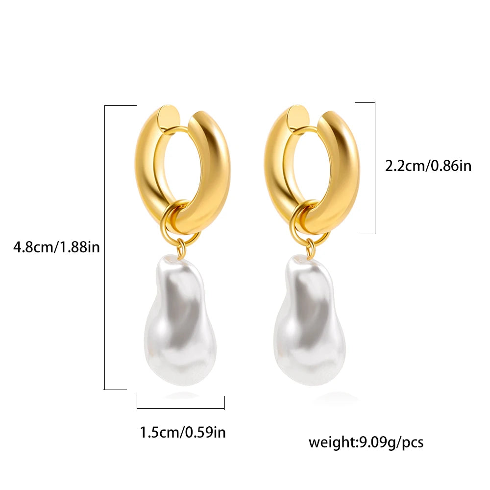 Baroque Pearls Shape Pendant Drop Earrings for Women Gold Plated Stainless Steel Round Circle Huggies Earring Fashion Jewelry
