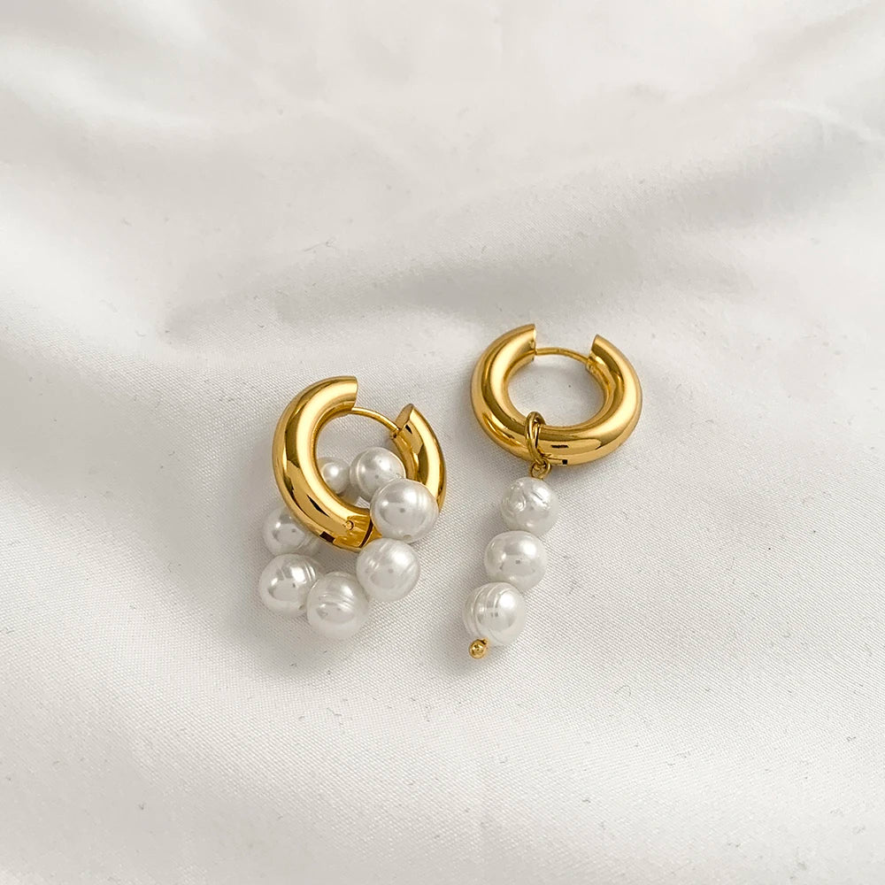 Baroque Pearls Shape Pendant Drop Earrings for Women Gold Plated Stainless Steel Round Circle Huggies Earring Fashion Jewelry