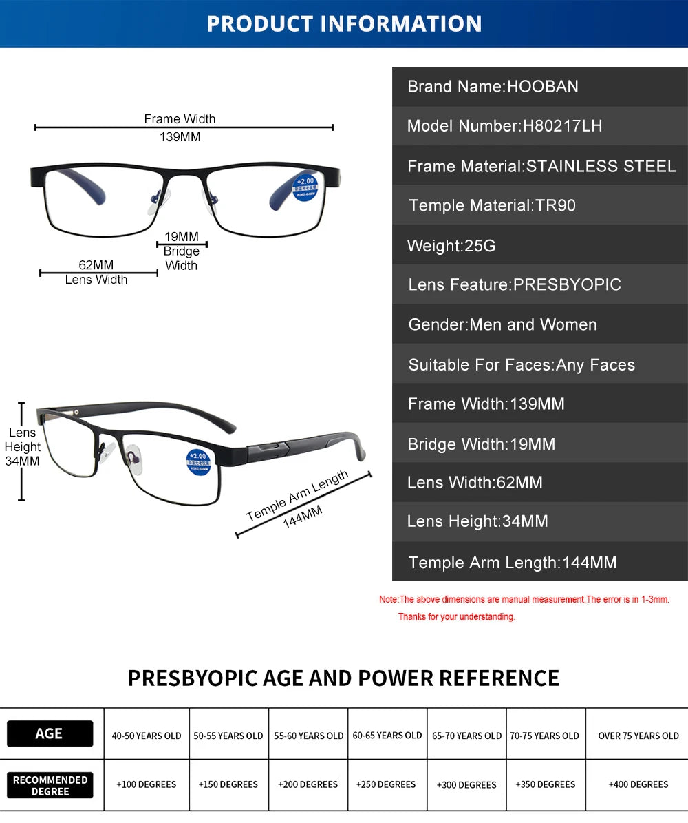 High Quality Stainless Steel Reading Glasses Men Women Fashion Presbyopic Eyeglasses Business Hyperopia Anti Blue Light Eyewear