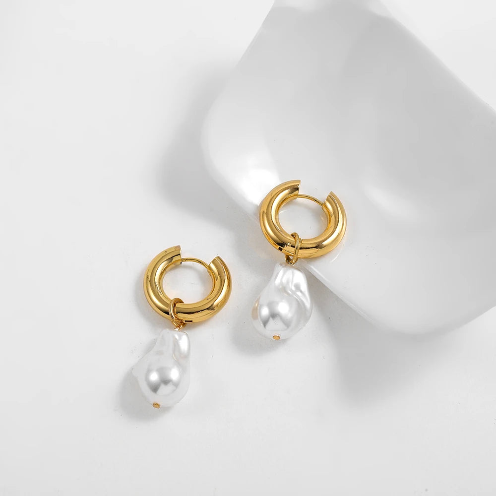 Baroque Pearls Shape Pendant Drop Earrings for Women Gold Plated Stainless Steel Round Circle Huggies Earring Fashion Jewelry