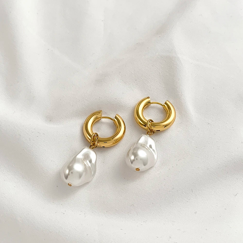 Baroque Pearls Shape Pendant Drop Earrings for Women Gold Plated Stainless Steel Round Circle Huggies Earring Fashion Jewelry
