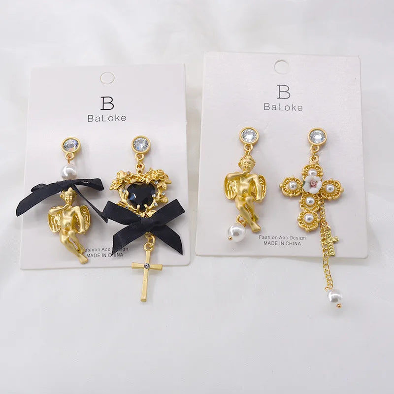 Baroque Asymmetrical Vintage Cross Pearl Pendant Earrings For Women Lady Crsytal Heart Angel Ear Rings Classic Long Earring