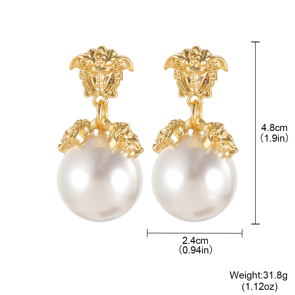 Baroque-style Pearl Pendant Earrings with Portrait Motifs, Women's Vintage Gold-Plated Medusa Pendant Earrings, Courtly Style