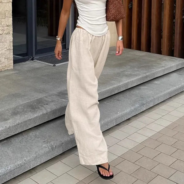 2025 Summer Linen Wide Leg Pants Women Casual Loose Pocket Trousers Office Commuter