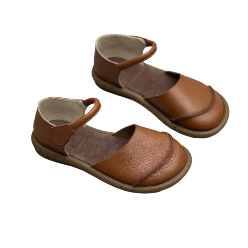 Soft Leather Women's Flat Shoes Retro Handmade Comfortable  2025 Summer Genuine Leather Fashion Black Casual Sandals Ladies
