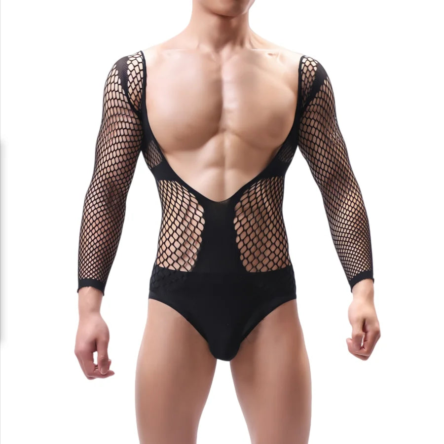Sexy One-Piece Men's Bodysuit Double-Sided Wear Mesh Lace Hollow out Uniform Temptation Bodysuit for Adults