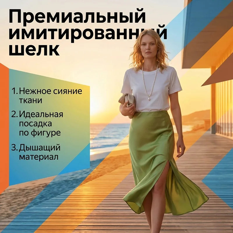 Midi Satin Skirts Women Luxury Summer Black Formal Silk Office Skirt With Slit A Line Green Midi Skirt Burgundy Women Elegant