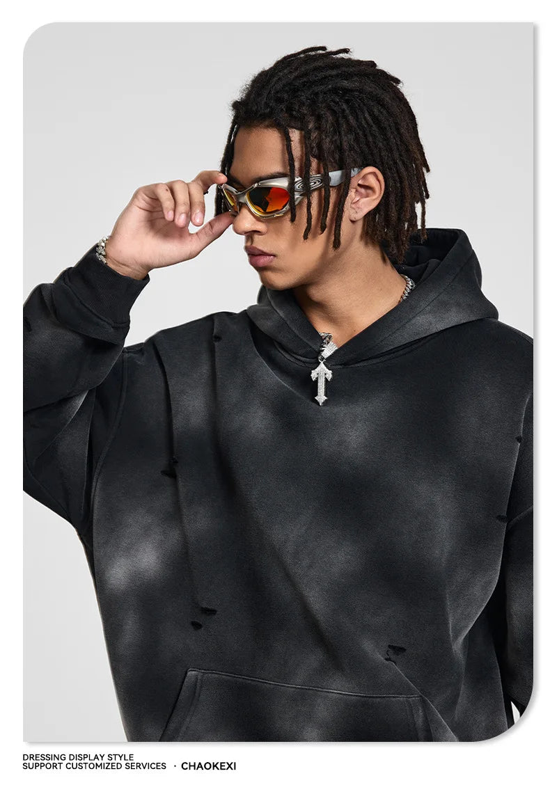 Oversized Hoodies Men Vintage Streetwear Acid Wash Ripped Hoodie Heavyweight Fleece Sweatshirt Pullover Thickened Winter Clothes