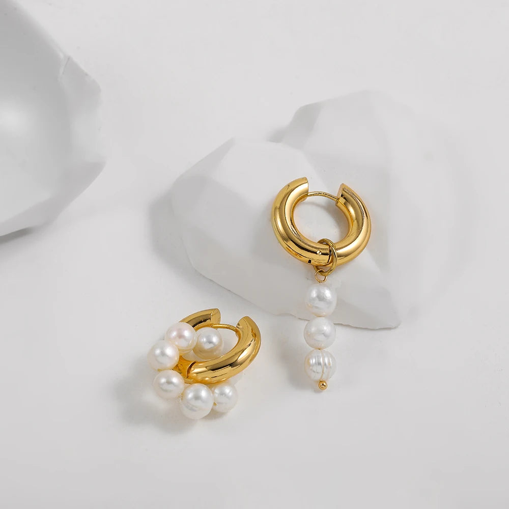 Baroque Pearls Shape Pendant Drop Earrings for Women Gold Plated Stainless Steel Round Circle Huggies Earring Fashion Jewelry