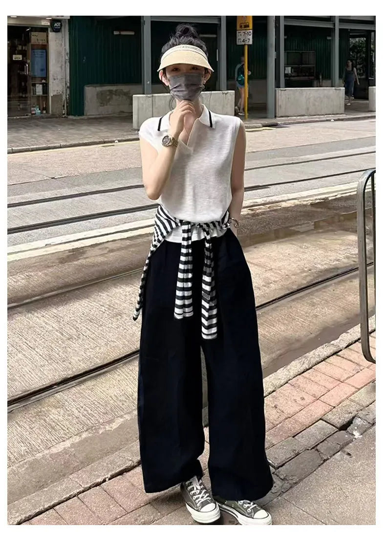 Women Navy Blue Cotton Linen Straight Wide Leg Pants 2026 New Thin High Rise Loose Lazy Fit Spring Summer Daily Casual Trousers