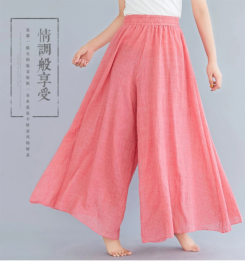 Cotton Linen Wide Leg Pants for Women Summer Casual Loose Pants High Waist Big Swing Skirt Capris Women Clothing PT-565