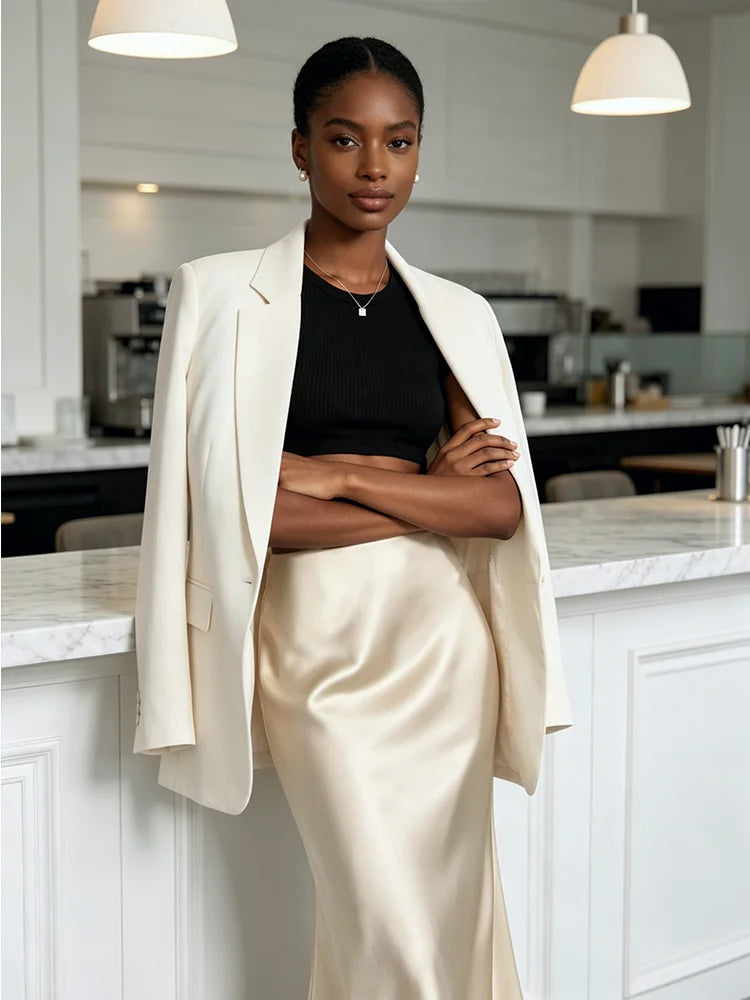 Minimalist Satin Midi Skirt  High Waist Bias Cut Flowy Hem Top for Office & Casual Streetwear
