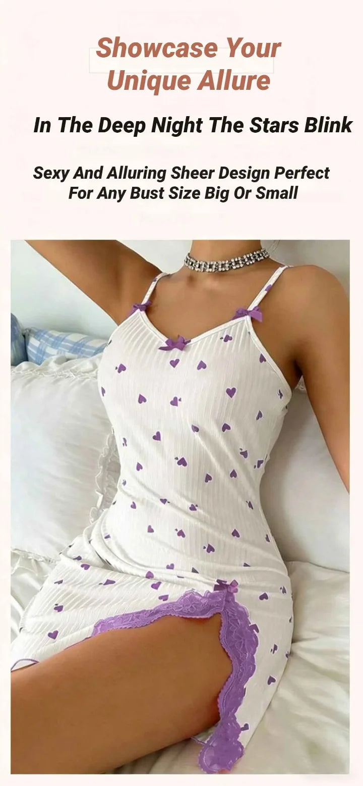 Women's Night Wear Elegant Sleeveless Sleep Dress Lace Trim Camisole Bow & Heart Print For Ladies Night Gown