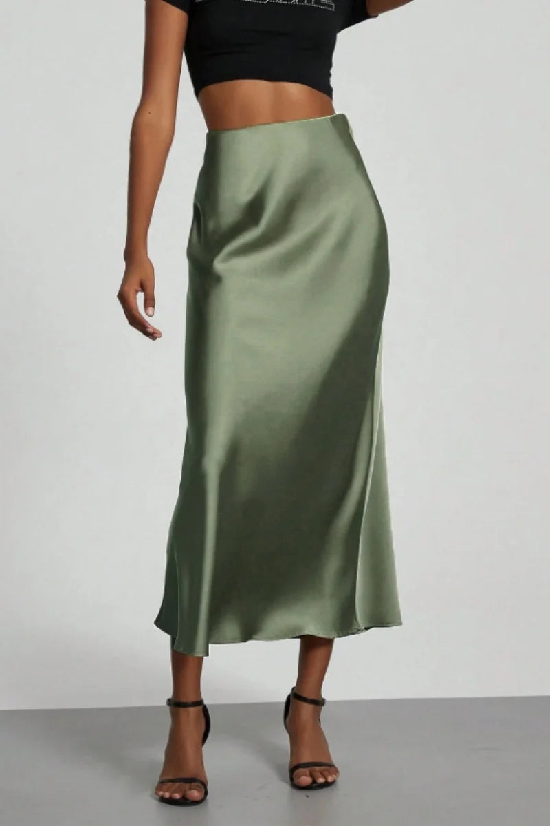Women's Summer High Waist Silky Satin Draped Midi Mermaid Skirt Solid Flowly Bias Cut Long Slip Skirt Elegant Casual Bottoms