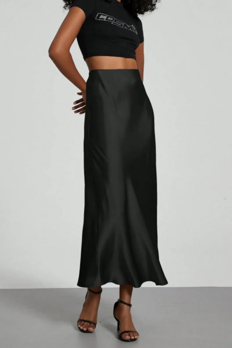 Women's Summer High Waist Silky Satin Draped Midi Mermaid Skirt Solid Flowly Bias Cut Long Slip Skirt Elegant Casual Bottoms