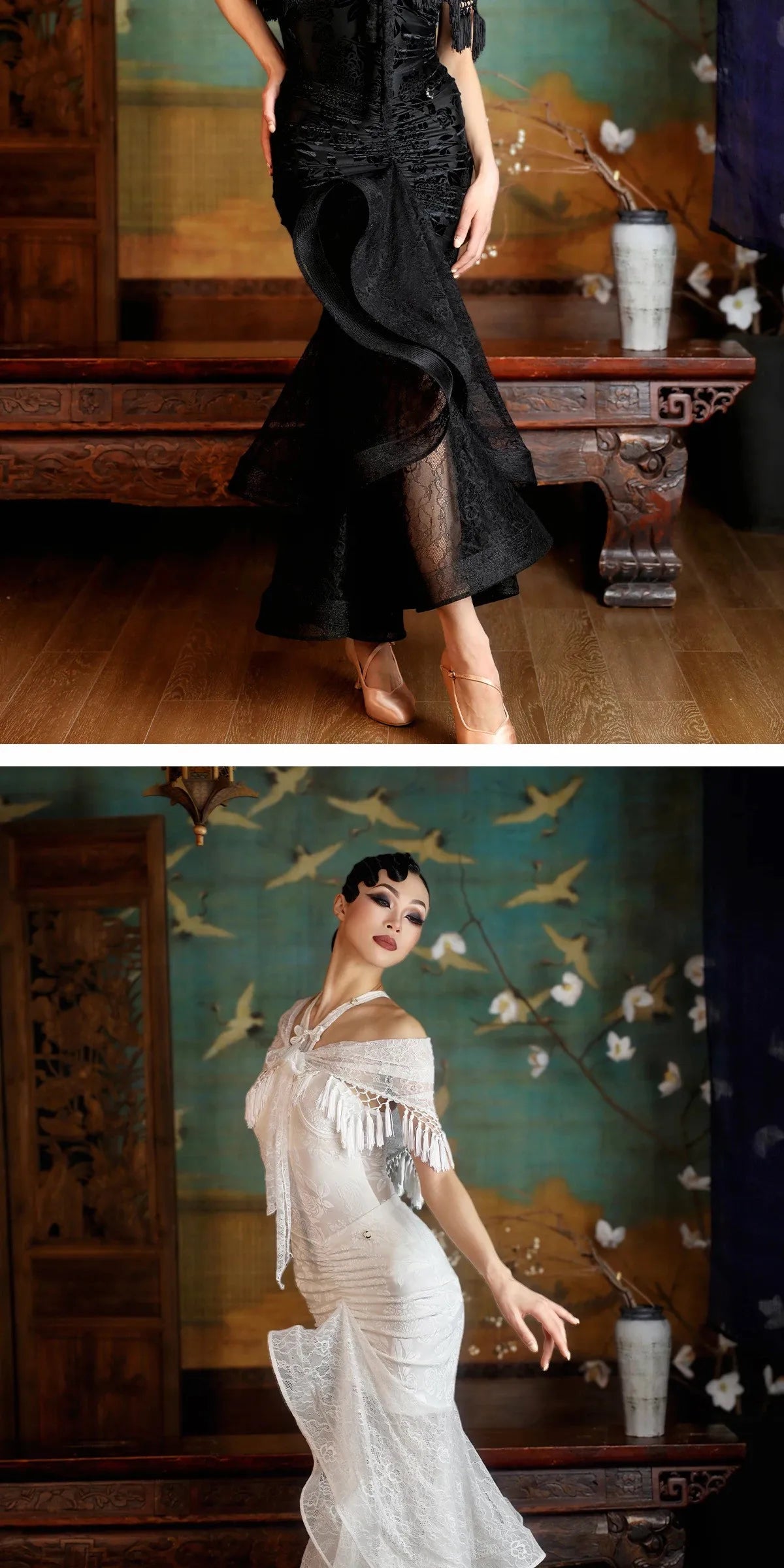 customized double layered curved neck and strapless professional modern Latin dance outfit jumpsuit set bodysuit long skirt
