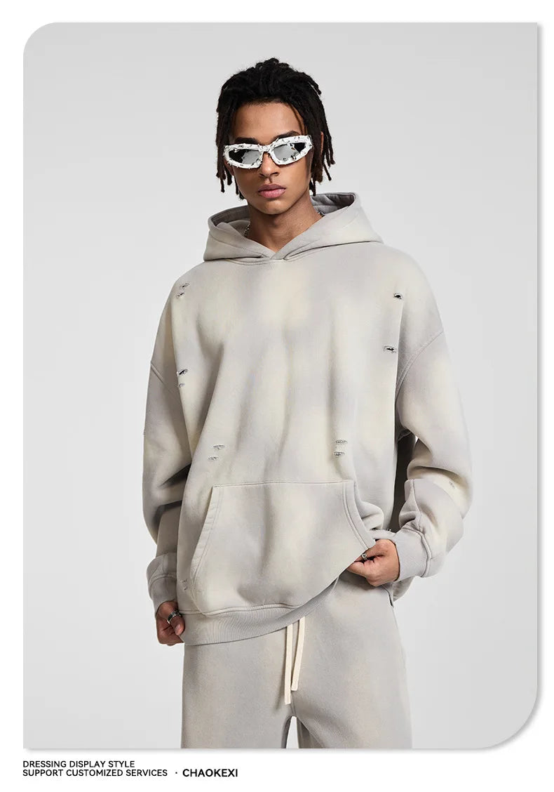 Oversized Hoodies Men Vintage Streetwear Acid Wash Ripped Hoodie Heavyweight Fleece Sweatshirt Pullover Thickened Winter Clothes