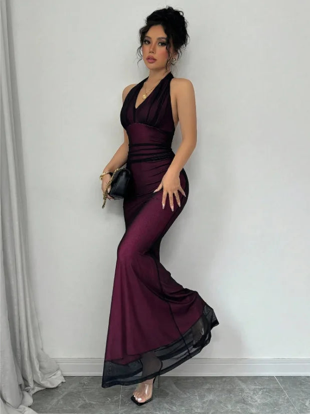 Summer Backless Sexy Maxi Dress Women Gown Patchwork Lace Halter Deep V Neck Sleeveless High Waist Elegant Long Dresses Vestido