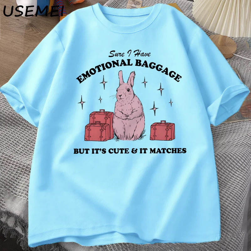 Sure I Have Emotional Baggage Funny Mental Health T Shirts Women Men Vintage Rabbit Tee Shirt Summer Short Sleeve Graphic Tees