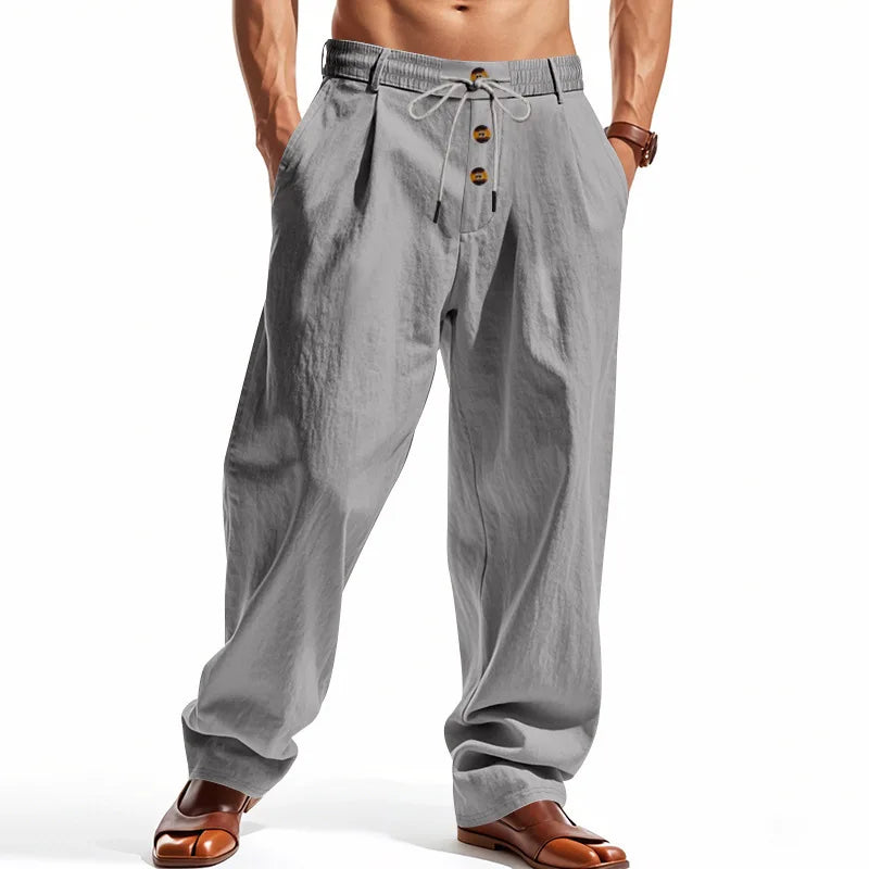 Men's Boho Linen Blend Wide Leg Pants High Waist Drawstring Button Fly Loose Fit Trousers with Side Pockets