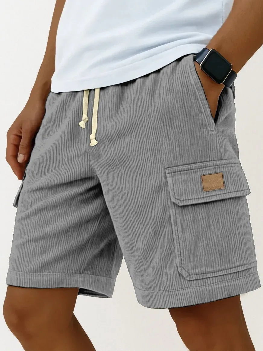Men's Corduroy Work Shorts, Summer Loose Fit, Drawstring, Mid-Length, Multi-Pocket Striped Casual Shorts