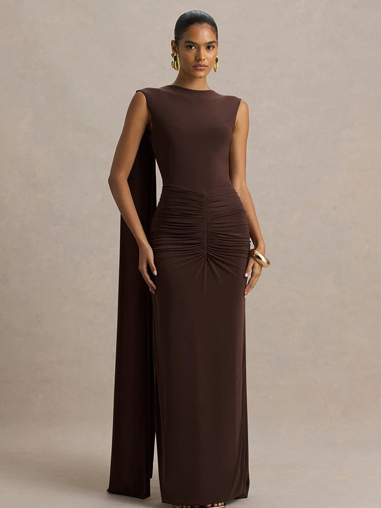 New Backless Evening Gowns Elegant Lady Bodycon Ruched Maxi Dress with Ribbon Fashion Women Sleeveless Prom Dress for Party