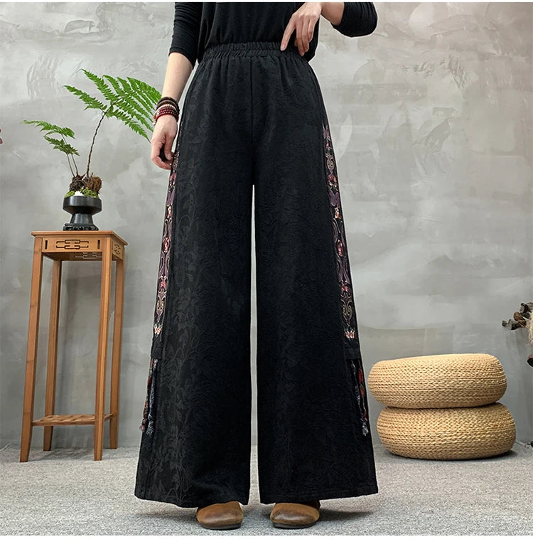 Ele Embroidered Cotton Linen Wide Leg Pants Women's Casual High Waist Trousers Spring Autumn New Sle Comfortable Loose Fit