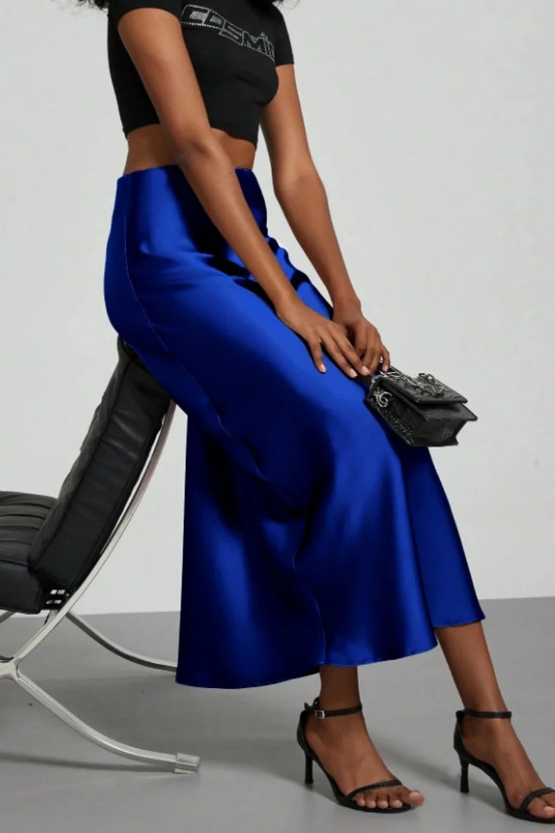 Women's Summer High Waist Silky Satin Draped Midi Mermaid Skirt Solid Flowly Bias Cut Long Slip Skirt Elegant Casual Bottoms