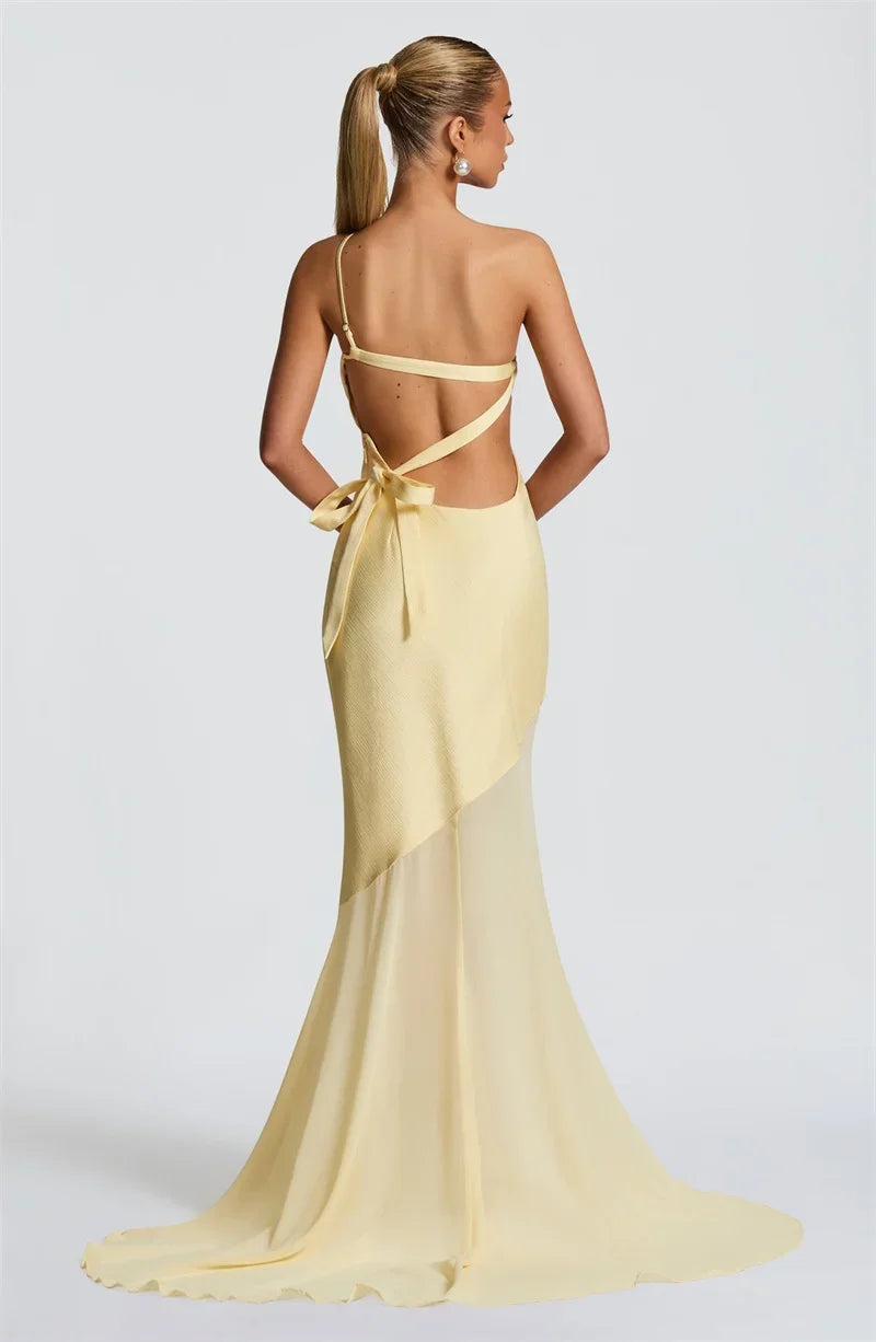 One Shoulder Backless Sexy Maxi Dress Women Gown Fashion Patchwork Sleeveless Bodycon Club Party Long Dress Elegant