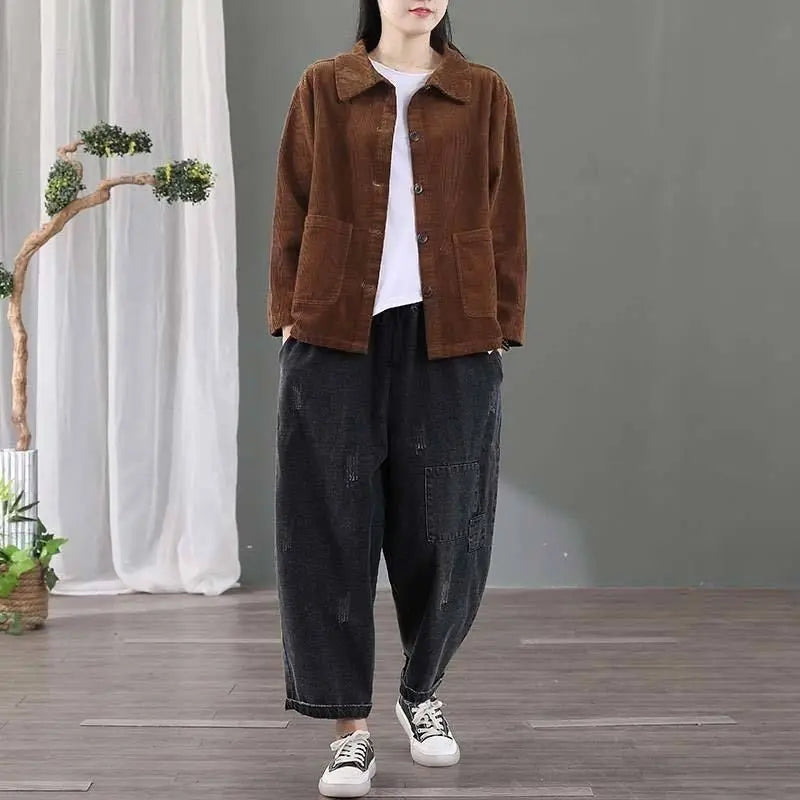 Corduroy Jacket Women's Shirt Spring Autumn New style Retro Long sleeved Loose Korean version High-end Lady Short Windbreaker