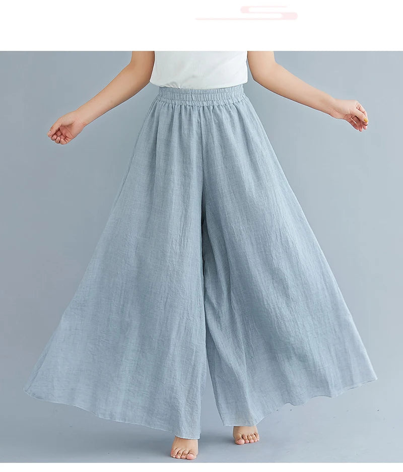 Cotton Linen Wide Leg Pants for Women Summer Casual Loose Pants High Waist Big Swing Skirt Capris Women Clothing PT-565