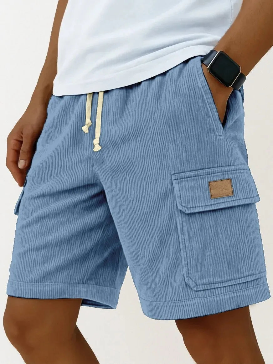 Men's Corduroy Work Shorts, Summer Loose Fit, Drawstring, Mid-Length, Multi-Pocket Striped Casual Shorts