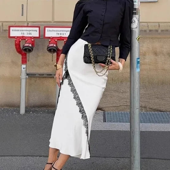 Satin Midi Skirt with Lace Trim Color Block A-Line High Waist Office Elegant French Style Dressy Casual Skirt for Women Fall