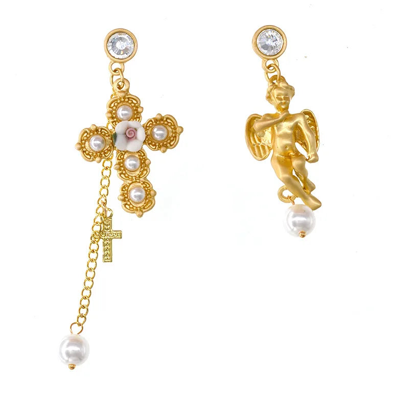 Baroque Asymmetrical Vintage Cross Pearl Pendant Earrings For Women Lady Crsytal Heart Angel Ear Rings Classic Long Earring