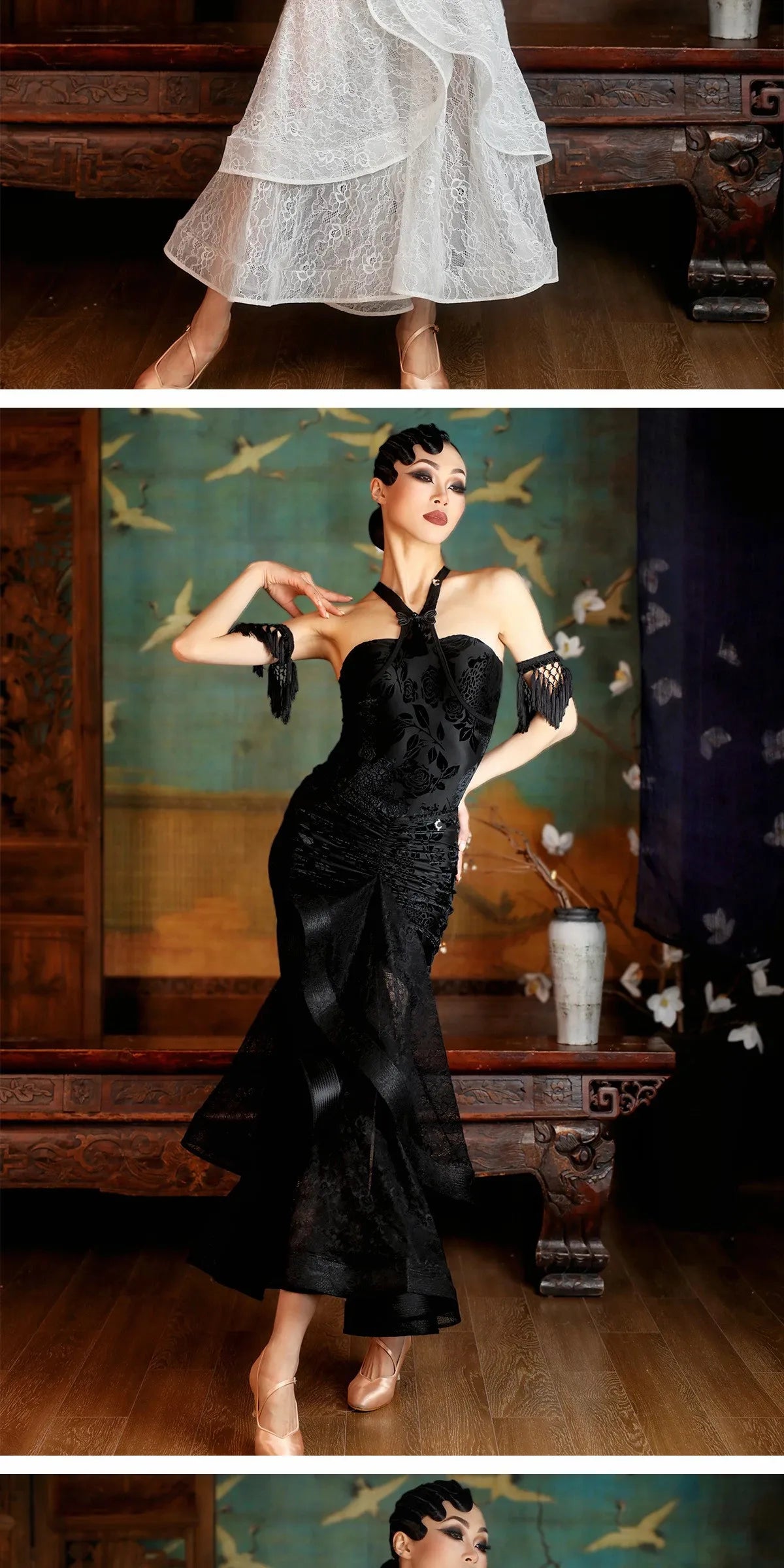 customized double layered curved neck and strapless professional modern Latin dance outfit jumpsuit set bodysuit long skirt