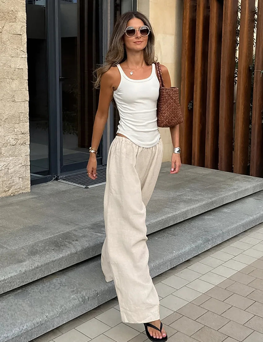 2025 Summer Linen Wide Leg Pants Women Casual Loose Pocket Trousers Office Commuter