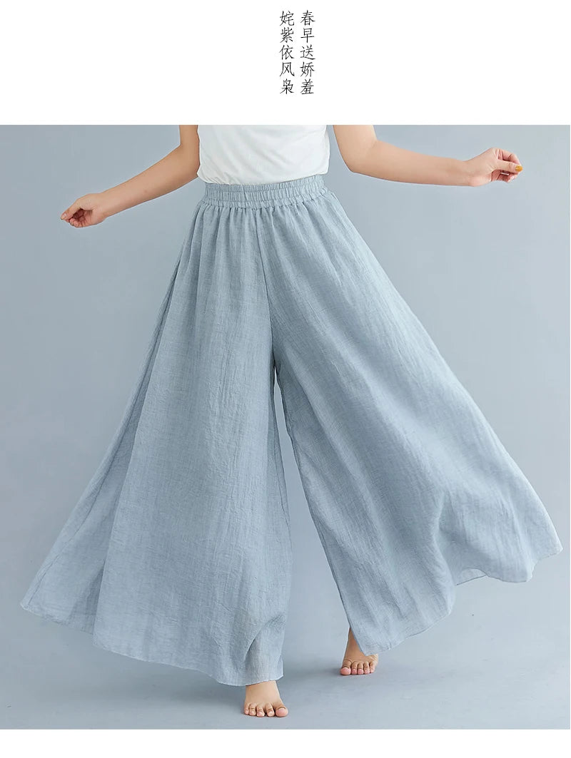 Cotton Linen Wide Leg Pants for Women Summer Casual Loose Pants High Waist Big Swing Skirt Capris Women Clothing PT-565