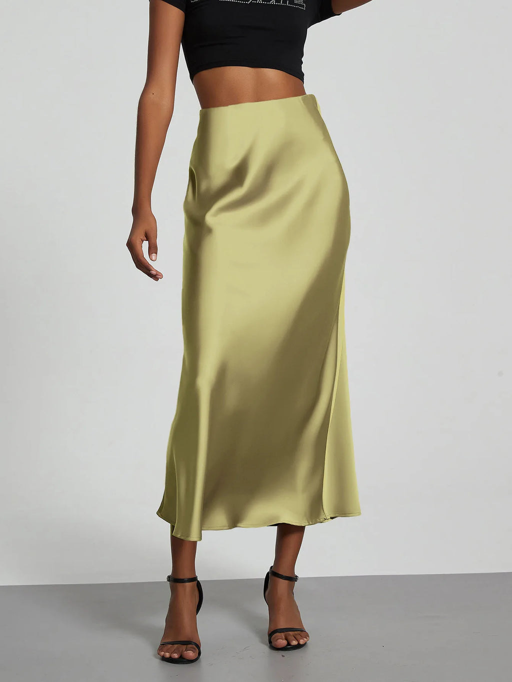 Minimalist Satin Midi Skirt  High Waist Bias Cut Flowy Hem Top for Office & Casual Streetwear