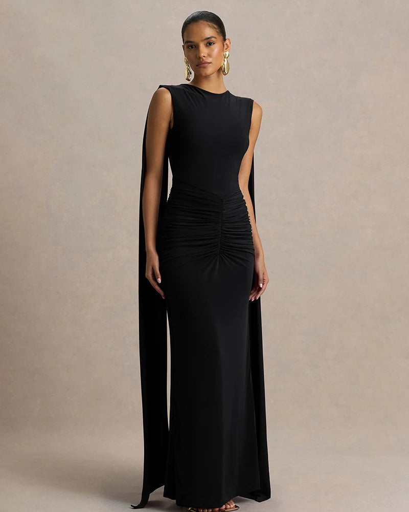 New Backless Evening Gowns Elegant Lady Bodycon Ruched Maxi Dress with Ribbon Fashion Women Sleeveless Prom Dress for Party