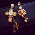 Baroque Asymmetrical Vintage Cross Pearl Pendant Earrings For Women Lady Crsytal Heart Angel Ear Rings Classic Long Earring