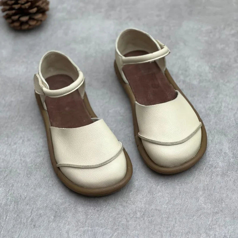 Soft Leather Women's Flat Shoes Retro Handmade Comfortable  2025 Summer Genuine Leather Fashion Black Casual Sandals Ladies