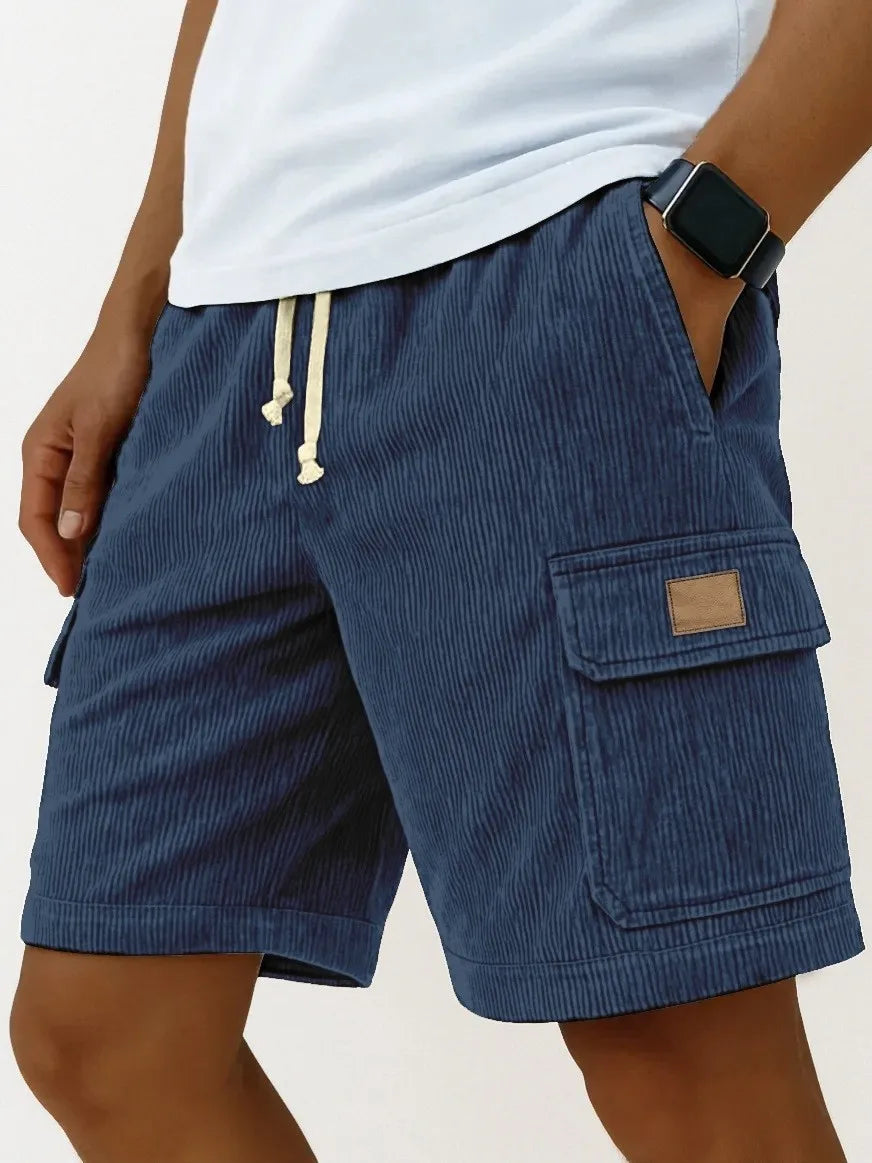 Men's Corduroy Work Shorts, Summer Loose Fit, Drawstring, Mid-Length, Multi-Pocket Striped Casual Shorts