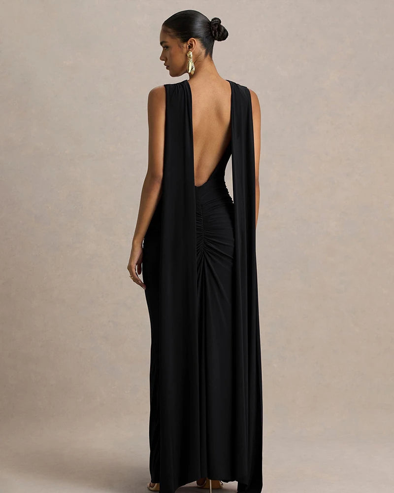 New Backless Evening Gowns Elegant Lady Bodycon Ruched Maxi Dress with Ribbon Fashion Women Sleeveless Prom Dress for Party