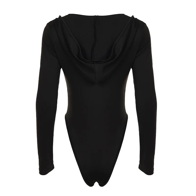Hooded Bodysuit V-neck Body Feminino Long Sleeve Lingerie Sexy Tops Women Y2k Clothes Solid Black One-pieces Bustier Rave Outfit