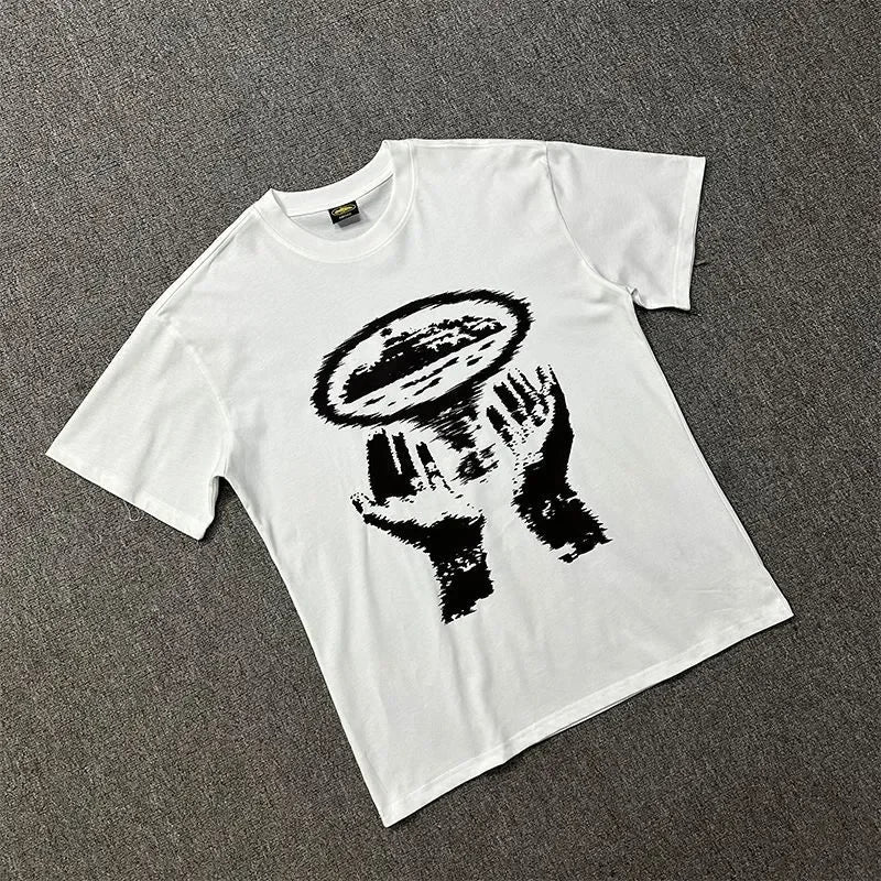 Vintage Abstract Hands Print T-Shirt Men Women Unisex Drill Streetwear Graphic Tee American high street fashion clothing