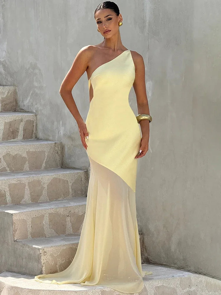 One Shoulder Backless Sexy Maxi Dress Women Gown Fashion Patchwork Sleeveless Bodycon Club Party Long Dress Elegant