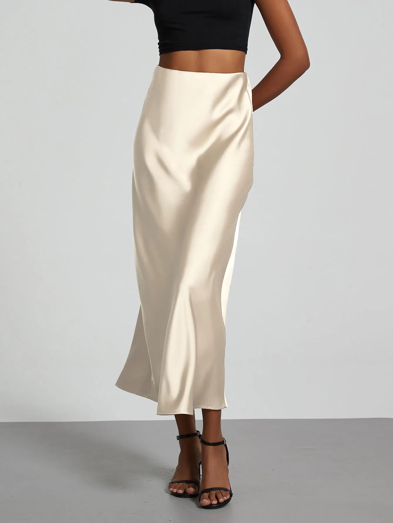 Minimalist Satin Midi Skirt  High Waist Bias Cut Flowy Hem Top for Office & Casual Streetwear