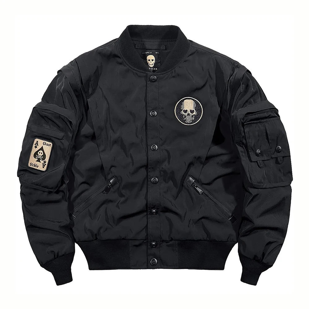 Bomber Jacket Men Embroidered Skull Print Jacket Autumn Protection Casual American Vintage Windproof Workwear Outfit Men's Wear
