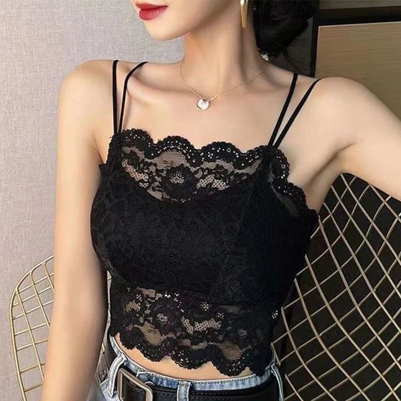 Ladies' Summer Sexy Backless Lace Camisole Underwear Underwire Bra Without Steel Rings Shoulder Straps For Support Breathable