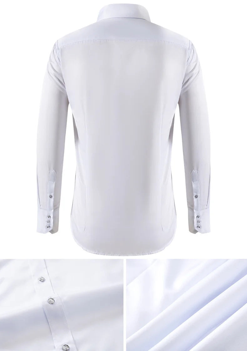 Solid color shirt men's crystal button long sleeved pointed collar light luxury men's business casual men's wear